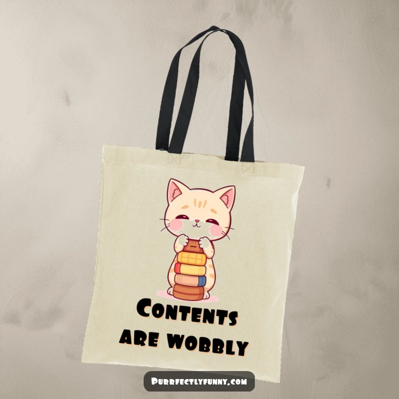 Funny tote bag with a cat character precariously balancing a stack of small, wobbly objects.