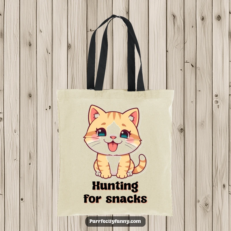 Durable tote bag featuring a funny cat in a dynamic pouncing pose, tongue playfully extended, symbolizing fun.