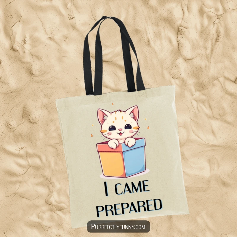 Funny cat character bursting energetically out of a brightly colored gift box, on a durable tote bag.