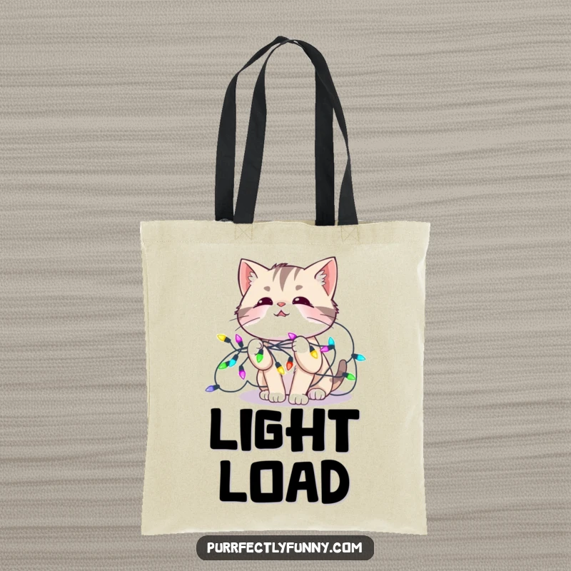 Funny tote bag illustration of a cat tangled in colorful holiday lights, looking amused, perfect for carrying seasonal items with humor.
