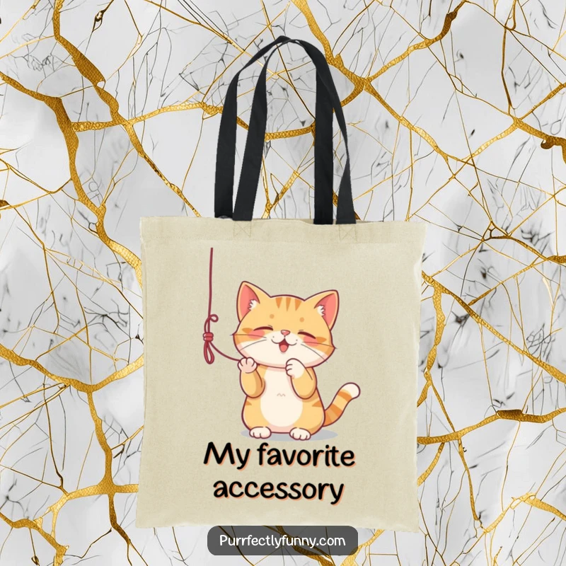 Funny tote bag showing a cat actively playing with a dangling string, great for carrying items.