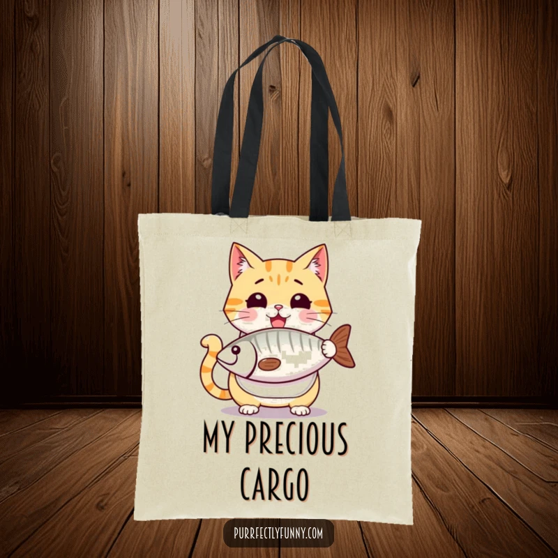 Funny cat tote bag, a cute cartoon cat wearing a bib, looking ravenous with wide eyes at a giant fish treat, ready to pounce.