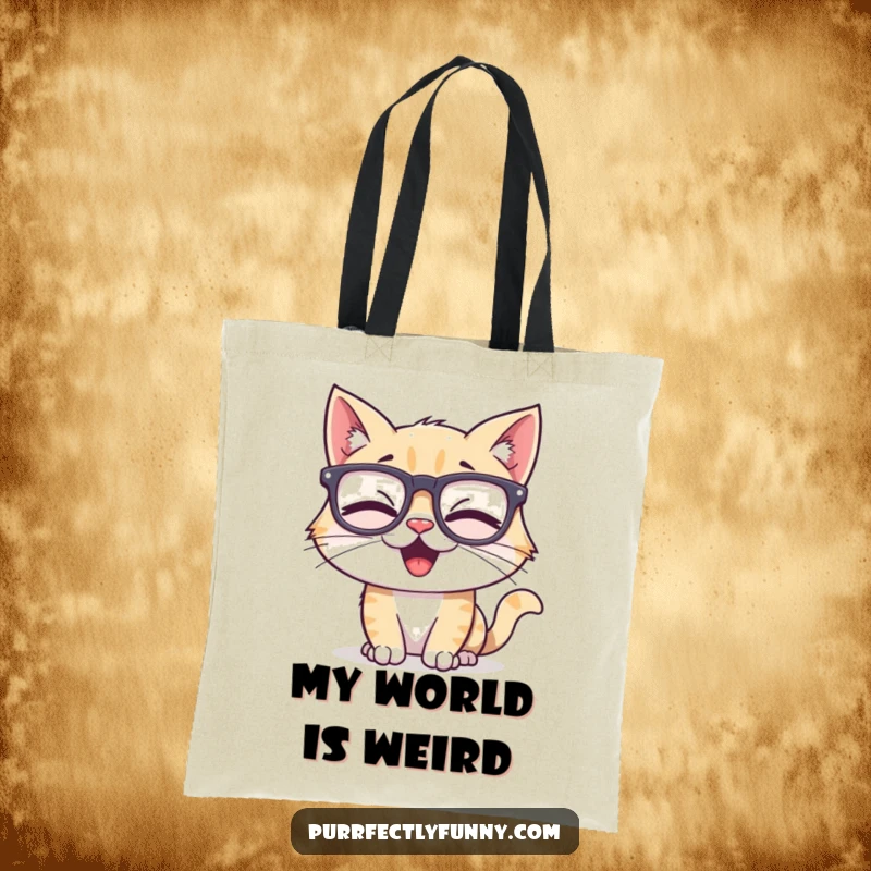 Funny tote bag with a beaming cat character sporting large, absurd spectacles and a hearty giggle, perfect for carrying humor and goods.