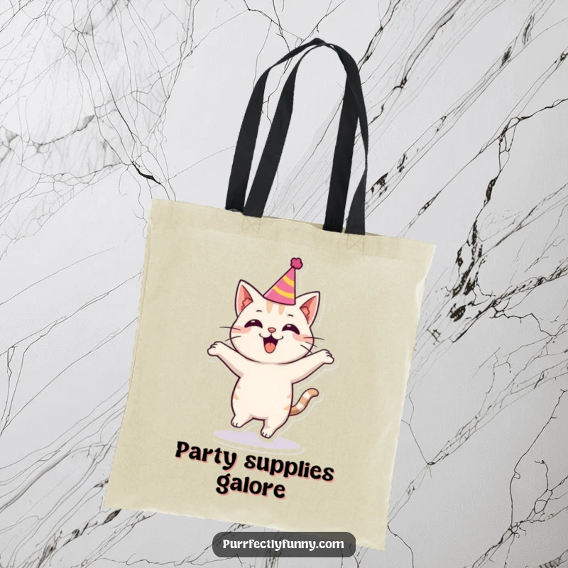 Funny cat in a party hat, bouncing with excitement, making this tote bag a symbol of fun and celebration.